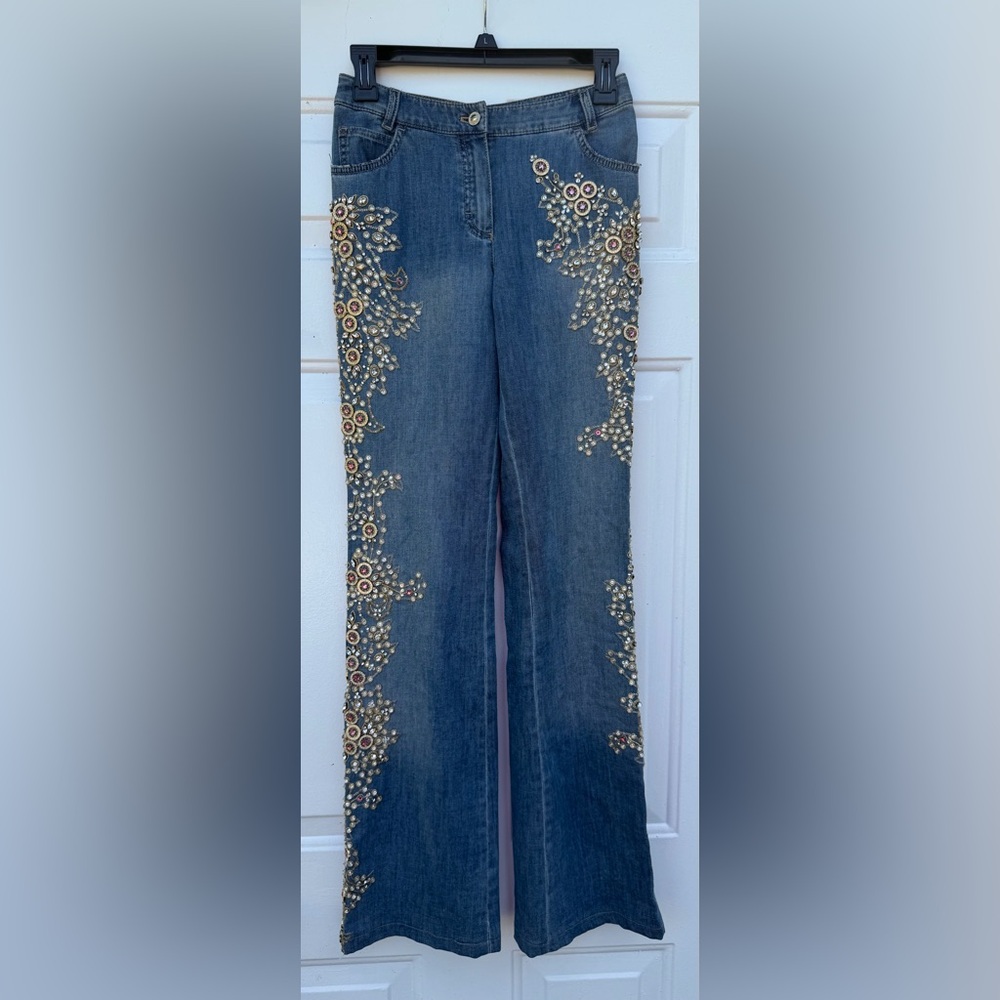 Escada Embellished Blue Denim Straight-Leg Jeans